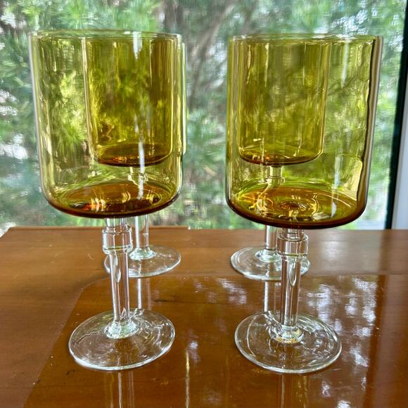 Vintage Amber Stemmed Glasses Set of 4 – Mid-Century Modern Cylindrical Goblets - Picture 3 of 16